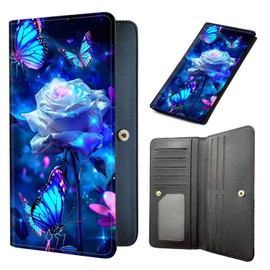 Tudguiloae Long Women Wallet, Ultra Slim Thin Wallet for Women, PU Leather RFID Blocking Credit Card Holder, Multi-Card Slots Business Travel Bifold Clutch Ladies Billfold, Purple Roses Butterflies