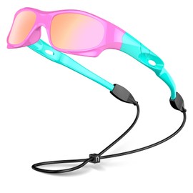 VATTER Kids Polarized Unbreakable Sports Flexible Square Sunglasses With Strap UV400 Protection for Kids Boys Girls Children 816pinkgreenlenses