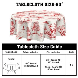 French Country Tablecloth Round Vintage Toile Red Table Cloths Circle Rustic Classic Village Table Cover Washable Wipeable Polyester Tabletop Holiday for Dining Kitchen Picnic Party Decor 60 Inch
