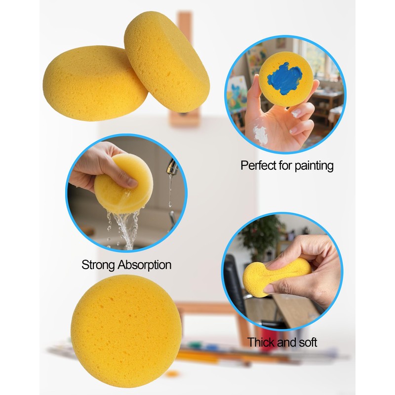 Round Painting Sponges 4 Pack Yellow Artist Sponges for Watercolor,