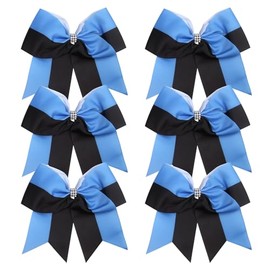 Cheerleader Bows 8 Inch Comb Color Ponytail Holder with Bling Fling Rhinestones Hair Tie Cheerleading Bows 6 Pcs (Columbia Blue/Black)