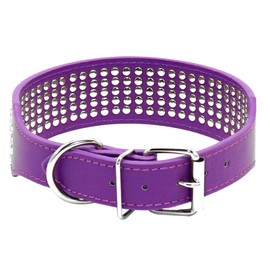 Berry Pet Rhinestones Dog Collars - 5 Rows Full Sparkly Crystal Diamonds Studded PU Leather - 2 Inch Wide -Beautiful Bling Pet Appearance for Medium & Large Dogs,15-18" Purple