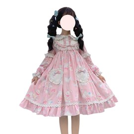 Teen Girls Sweet Lolita Princess Dress Cute Anime Bunny Print Long Sleeve Cosplay Costume Gothic Kawaii Party Dresses (Small, Pink)