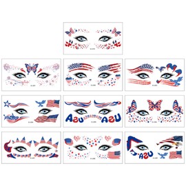 10 Sheets 4th of July Face Temporary Tattoo Sticker, Independence Day Face Eyes Tattoo Stickers Decorations Fit for Women Girls Patriotic Makeup Festival Party(Style 1)