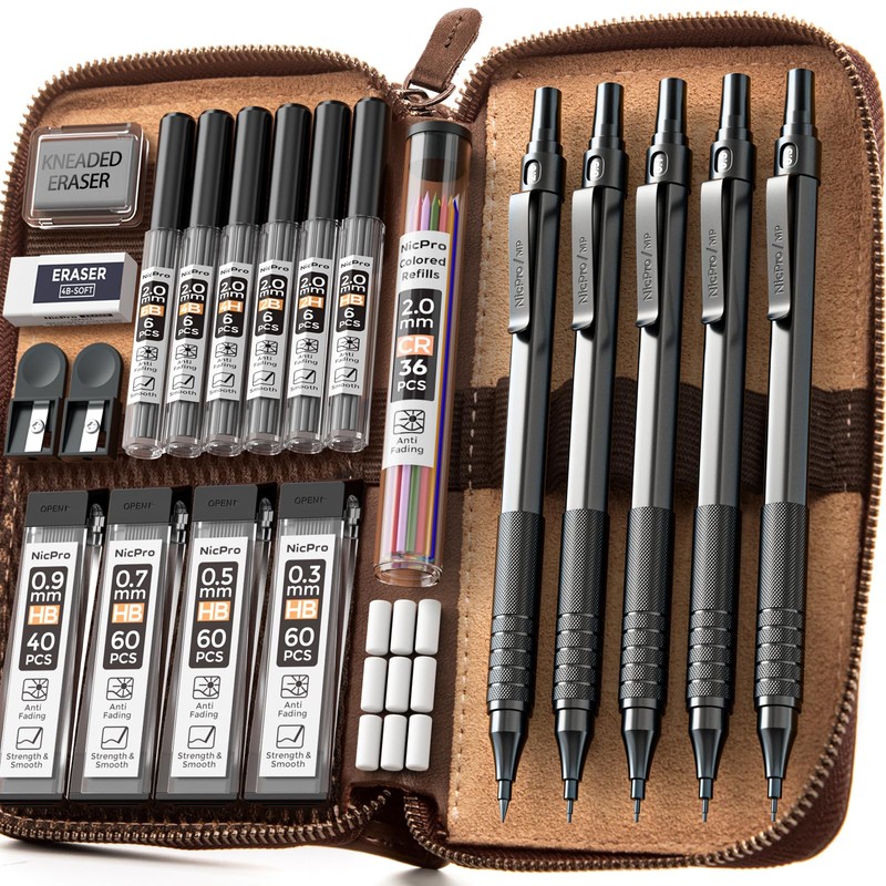 Nicpro 20PCS Black Metal Mechanical Pencil Set in Leather Case,