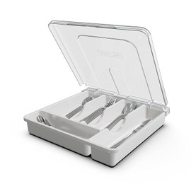 QINOL Silverware Organizer with Cover, Portable Cutlery Holder Flatware Tray with Lid Plastic Silverware Storage Box Airtight Black Cutlery Tray with Lid (White)