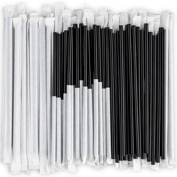 DuraHome Black Plastic Straws Individually Wrapped 1000 Pack - 8 inch Drinking Straw, BPA Free - Restaurant Style Disposable Straws 0.24" Wide, Bulk Set