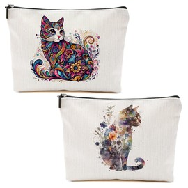 2pcs Watercolor Cat Gifts Cosmetic Bags for Women, Cats Aesthetic design Makeup Bag Zipper Bags Travel Pouch for Sister Bestie, Christmas Birthday Gifts for Women Girls Cat Mom, Cats lovers