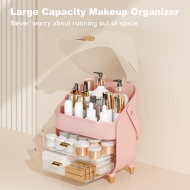 Makeup Organizer Countertop With Lid And Drawers Large Skin Care Cosmetic Display Case Holder for Vanity Desk Bathroom Storage Box,Pink