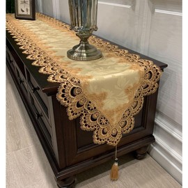 Table Runner Tassel Lace Embroidery Table Center Stylish Dining Table Party Fringe Antique Scandinavian Table Mat Decoration Elegant (Classic Gold, 15.7 x 70.9 inches (40 x 180 cm)