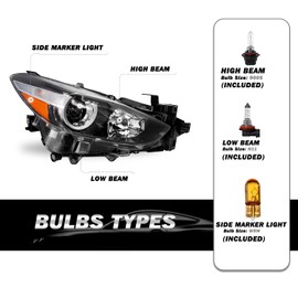 SOCKIR Headlight Assembly Fit 2017 2018 Mazda 3 Sedan 4-Door OE Style Projector Headlamp Replacement Bulbs Included Right Passenger Side