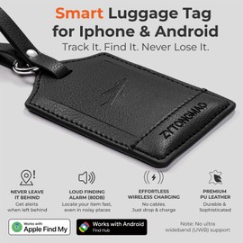Smart Luggage Tag with Built-in Tracking Card for Android & Apple Find My, Premium Leather Travel Tag with Privacy Cover, Wireless Rechargeable Anti-Lost Locator for Suitcases, Bag & Backpack Black