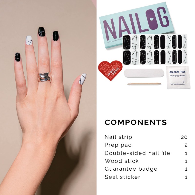 NAILOG Semi-Cured Gel Nail Strips, 20 Extra-Long Nail Stickers, Salon-Quality