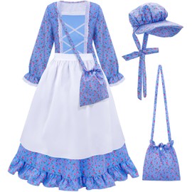 Meland Pioneer Dress for Girls - Colonial Floral Costume with Bonnet, Apron & Purse, Pionner Outfit for Girls 8-9 Years