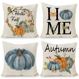 Set of 4 Blue Fall Pillow Covers 18x18, Thanksgiving Throw Pillows Covers, Autumn Blue Pumpkins Decorative Cushion Covers Home Outdoor Sofa Couch Pillow Cases for Fall Decorations