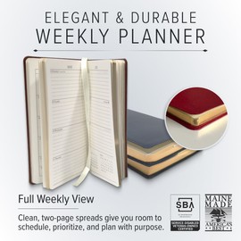 Gallery Leather Pocket Weekly Monthly Planner 2025-2026, Elegantly Bound Calendar Planner and Notebook with Stylish Gold-Gilded Page Edges, 12 Months - Acadia Black - 6 x 3.25 "
