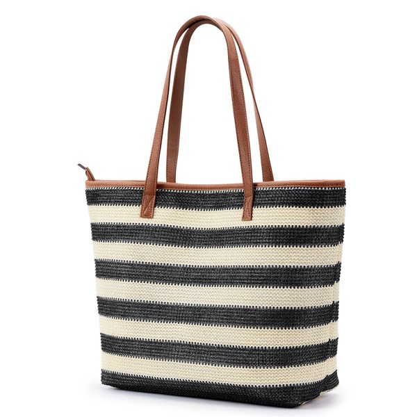 KALIDI Straw Tote Beach Bag Striped Shoulder Handbag Stitch Woven PU Leather Handle Zipper Pocket Travel Shopping Picnic