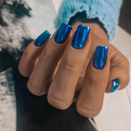 SXVME Royal Blue Cromado Cuadrado Presione En Uñas Cortas Medianas, Metálicas Falsas Uñas Acrílicas Prensas Ons, Espejo Metal Cromo Uñas Pegamento En Uñas Medianas, Cortas de Ataúd Uñas Postizas En 24