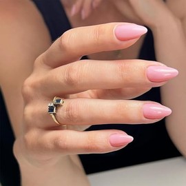 SXVME Uñas Postizas Cortas Almendradas Rosas, Uñas Postizas Con Pegamento, Uñas Postizas Acrílicas Naturales Gruesas, Hechas A Mano Con Gel Mejorado, 