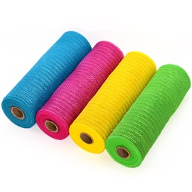 Koopi Deco Mesh 10 inch x 10 Yards - Summer Colors Metallic Foil Poly Mesh Ribbon for Wreaths, Swags, Craft, Party and Decorating Supplies - 4 Rolls(Turquoise, Fuchsia, Green, Yellow)