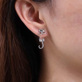 Inateannal Punk Cat Ear Jacket Earrings Silver Cute Cat Earrings Gothic Cat Stud Earrings Animal Front Back Earrings Jewelry for Women and Girls