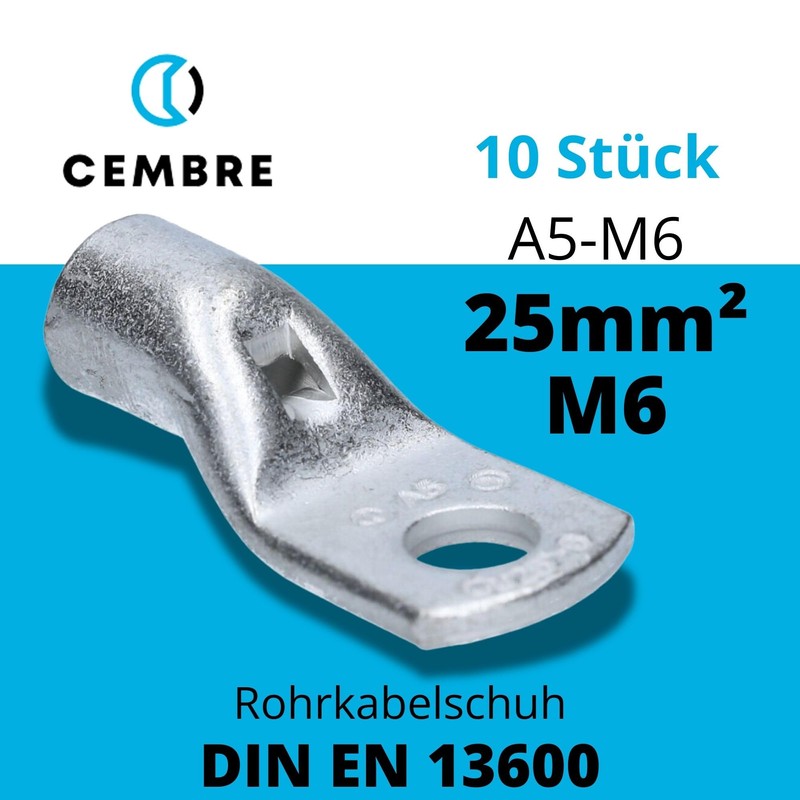 Cembre A5-M6 Tube Cable Lug 25 mm² M6 Uninsulated Tin-Plated