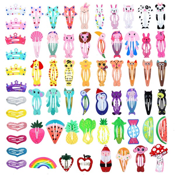 Cinaci 64 Pack Cute Cartoon Animal Fruit Pattern Anti-slip Metal Snap Hair Clips Barrettes Hairpins Hair Accessories for Toddlers Kids Teens little Girls Pets Dogs