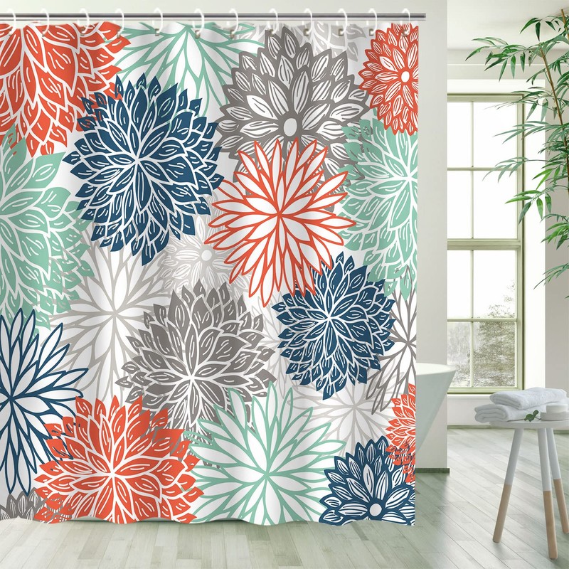 RosieLily Floral Shower Curtain Dahlia Shower Curtains Set with 12