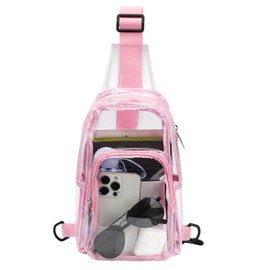TINYAT Clear Sling Bag for Women Men Transparent Crossbody Bag Stadium Approved PVC Shoulder Chest Bags,Pink