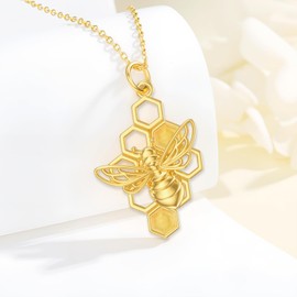 WSX Honey Bee Pendant Necklace for Women 14ct Gold Plated 925 Sterling Silver Bee Necklaces with Citrine Beehive Jewelllery Mother’s Day Gifts for Mum Her Wife