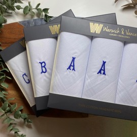 Warwick & Vance Handkerchiefs for Men and Men Satin with Blue Embroidered Initials Pack of 3, a, 40cm x 40cm, a