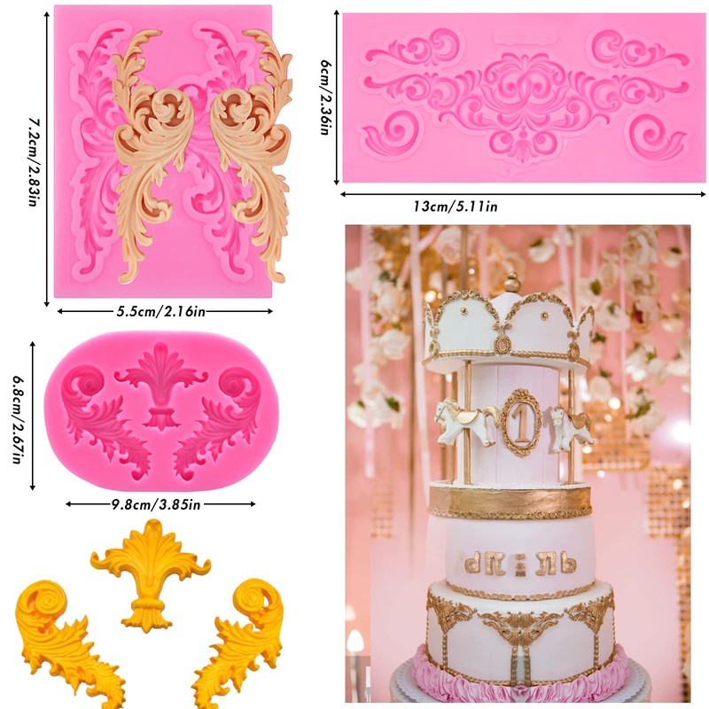 Rainmae 5 Pcs Baroque Style Curlicues Scroll Lace Fondant Silicone
