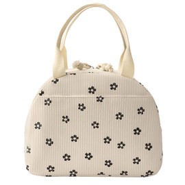 LOCCY Insulated Lunch Bag with Foil Lining, Reusable Lunch Box Corduroy, Cool Bag, Small, 6.5 L, Foldable for Picnic, School, Office Work, Travel (Plum Blossom)