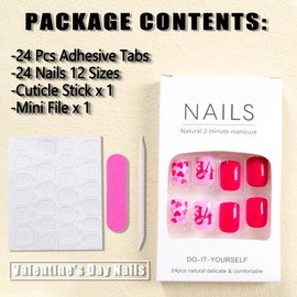24Pcs Valentines Nails Press on Nails Short Square Nails Pink Heart Fake Nails with Nail Glue Pink Glossy Acrylic Nails Design Valentines Day Heart Love False Nails Stick on Nails for Women Girls