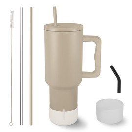 Vaso de 40 oz con asa y pajita Vaso aislado al vacío de acero inoxidable Taza de té o café helado para bebidas calientes o frías Vaso de 40 oz con asa (Almendra)