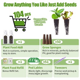 DRYADES Grow Sponges and Nutrients for Hydroponics Plant Food Compatible with Aero Garden and All Brands - Seed Pods Lables and Indoor Plant Fertilizer for Indoor Garden Hydroponics Growing System