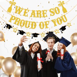 Gifloon We Are So Proud of You Graduation Banner, NO DIY Class of 2024 Graduation Party Decorations, Gold Glitter