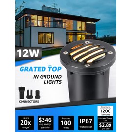 SUNVIE 12W Low Voltage Landscape Lights Anti-Glare LED Well Lights(Grated Top) 12V-24V Waterproof Outdoor In-Ground Lights 3000K Landscape Lighting for Garden Fence Pathway Deck 6 Pack with Connectors