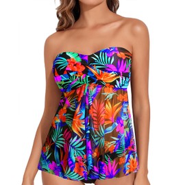 Talisea Women Bandeau Tankini Top Only Mesh Strapless Swimsuits Top Halter Flyaway Bathing Suits No Bottom Black, Colorful Leaves, X-Large