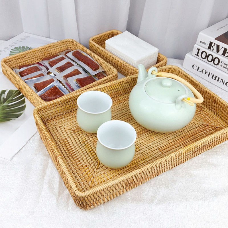 Rattan Tray Tabletop Organization Hand Woven Snack Storage Basket Multifunctional