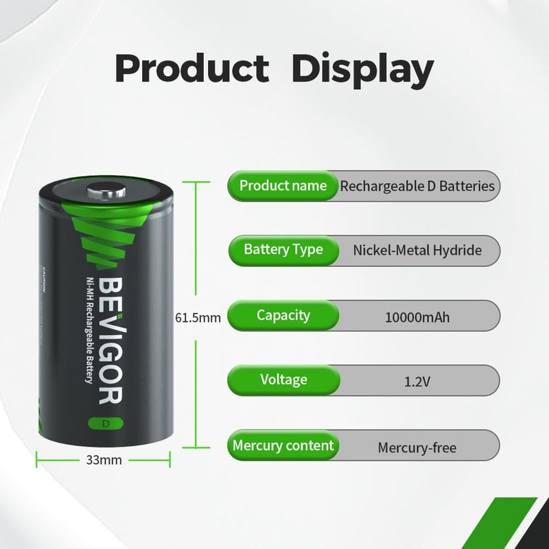 BEVIGOR Rechargeable D Batteries, High Capacity 10000mAh NiMH D Cell