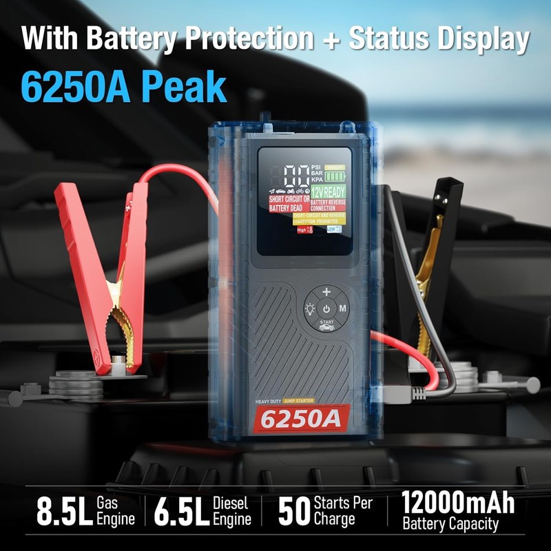 CS02 6250A Peak Jump Starter with Air Compressor, 12000mAh Battery