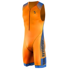 Synergy Triathlon Tri Suit - Men's Elite Sleeveless Trisuit (Neon Tangerine/Sky, XX-Large)