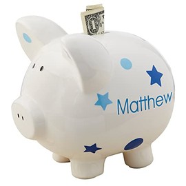 Personalization Universe Ceramic Piggy Bank for Kids, Baby Boy Polka Dots & Stars Design, Customizable with Any Name, Perfect Money Saving Box, Large Size, Ceramic, Ideal Baby Boy Gift
