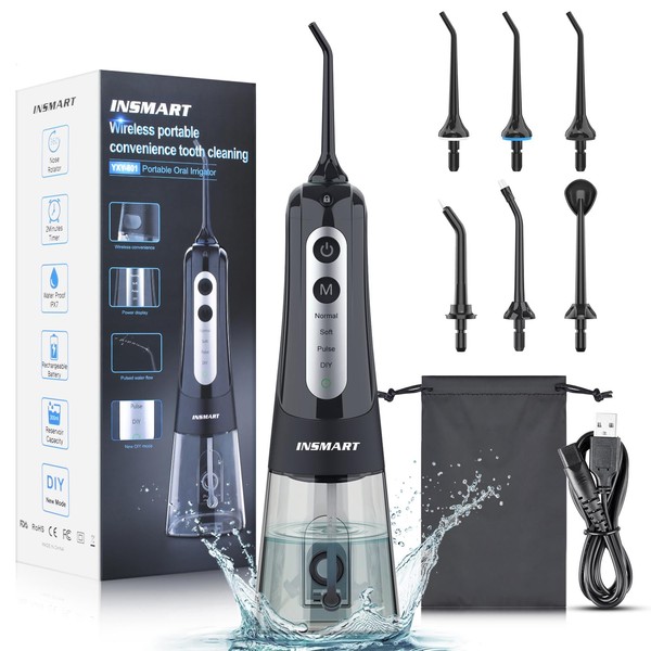 Water Flosser for Teeth Cordless, INSMART Electric Water Dental Pick Portable Oral Irrigator 4 Modes & 6 Jet Tips, 300ML Water Jet Tooth Cleaner Gentle on Gums, Removes Plaque & Food Particles