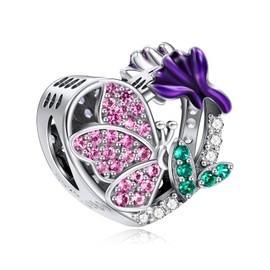 NINGAN July-Larkspur &Butterfly Birth Charm for Bracelets 925 Sterling Silver Pendant Bead with Cubic Zirconia Birthday Jewelry Gifts for Women Wife Mom Her