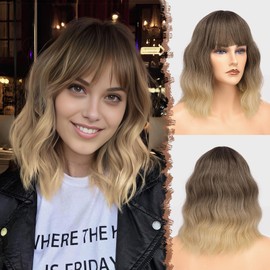 FESHFEN Wavy Ombre Blonde Mixed Wigs with Fringe, Bob with Bangs, Wavy Wigs, Synthetic Wig, Medium Length, Short Hair, Natural Wig, Girls, Women, Daily Party Wear, 35 cm