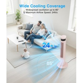 Tower Fan With Remote, Portable Floor Fans Quiet Blow Cooling Air for Bedroom Office , 85° Oscillating Standing Bladeless Tower Fan with 24ft/s Velocity, 3 Modes, 3 Speeds, 12H Timer, 36 inch (Pink)