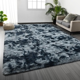 Deerhoo Large Shag Area Rugs 5 x 8, Tie-Dyed Plush Fuzzy Rugs for Living Room, Ultra Soft Fluffy Furry Rug for Bedroom, Indoor Carpet Nursery Rugs for Kids Room Home Decor, Blue and Grey