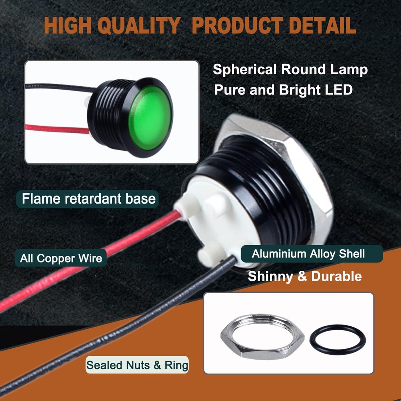 2PCS 16mm Metal Indicator Light, 12-24V AC/DC 20mA Waterproof IP67